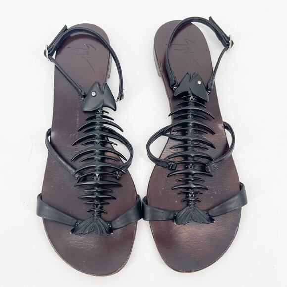 Giuseppe Zanotti Black Fishbone Embellished Flat Ankle Strap Sandals IT 39.5 - Picture 12 of 14